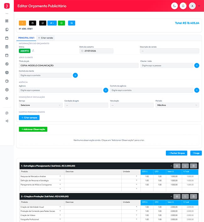 Tela de orçamento e proposta no JobbLive - Imagem 1